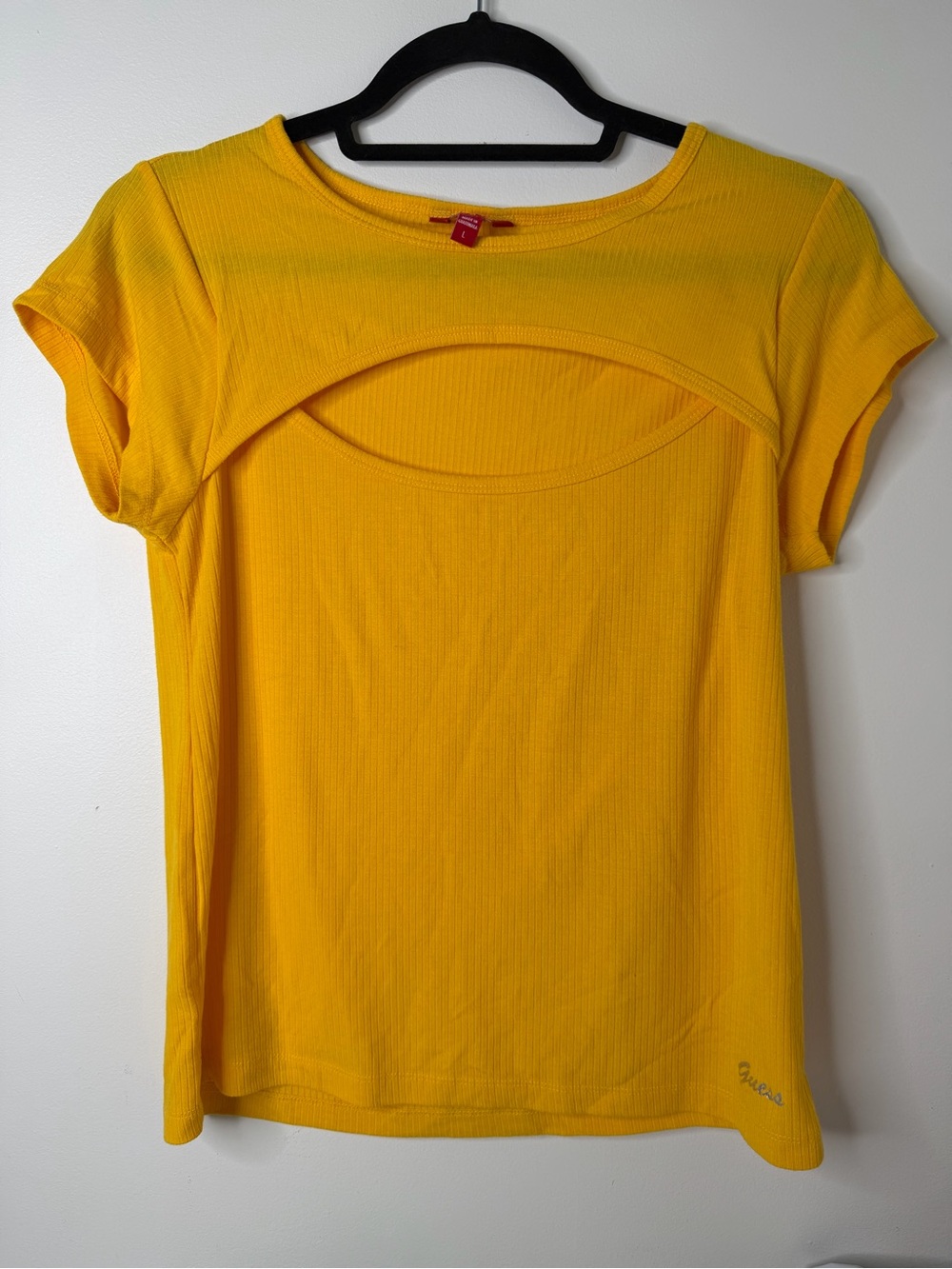 Guess Yellow Ribbed Short Sleeve Cutout Top Size L